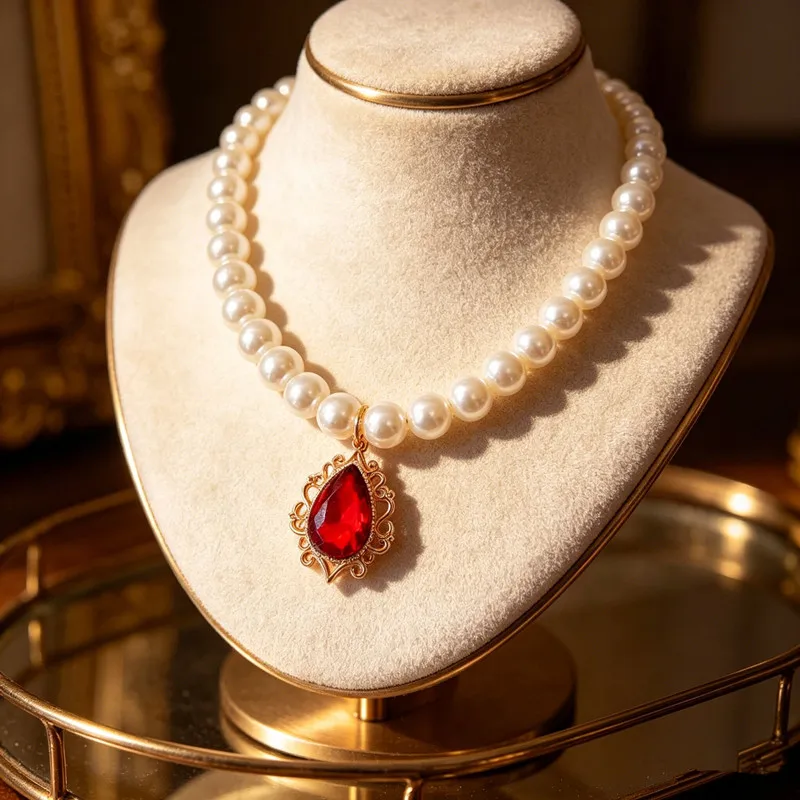 

Vintage Teardrop Gemstone Pet Pearl Necklace - Elegant Gold Frame Crystal Pendant Collar for Small Dog Cat, Luxury Pet Jewelry