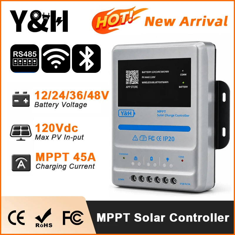 Y&H 45A MPPT Solar Controller 12V 24V 36V 48V Auto Smart Solar Charger WiFi Bluetooth APP Remote RS485 LiFePO4 Lead Acid Battery