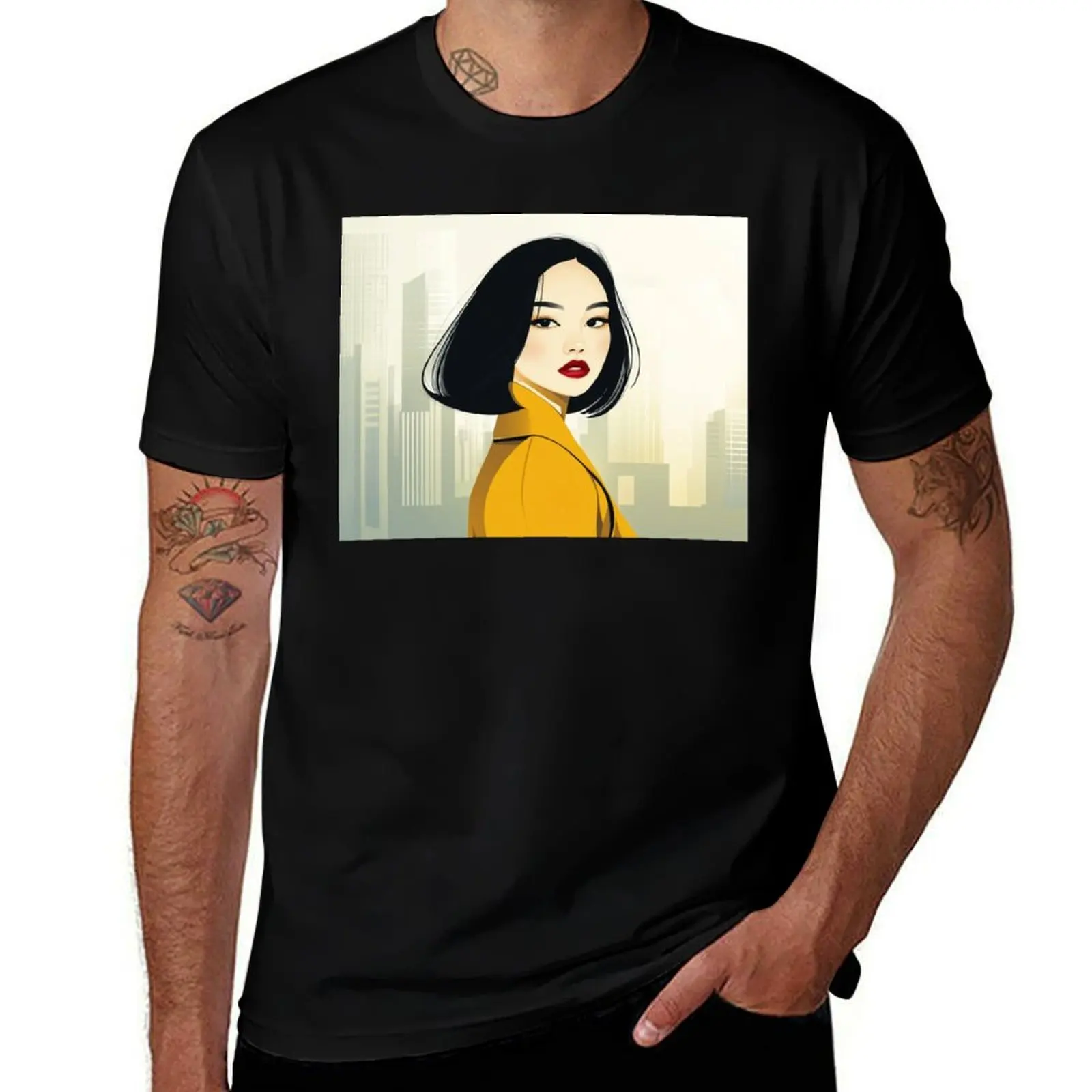 

Urban Chic: Modern Asian Portrait in Golden Hues T-Shirt cotton graphic tees cheap stuff men graphic t shirts
