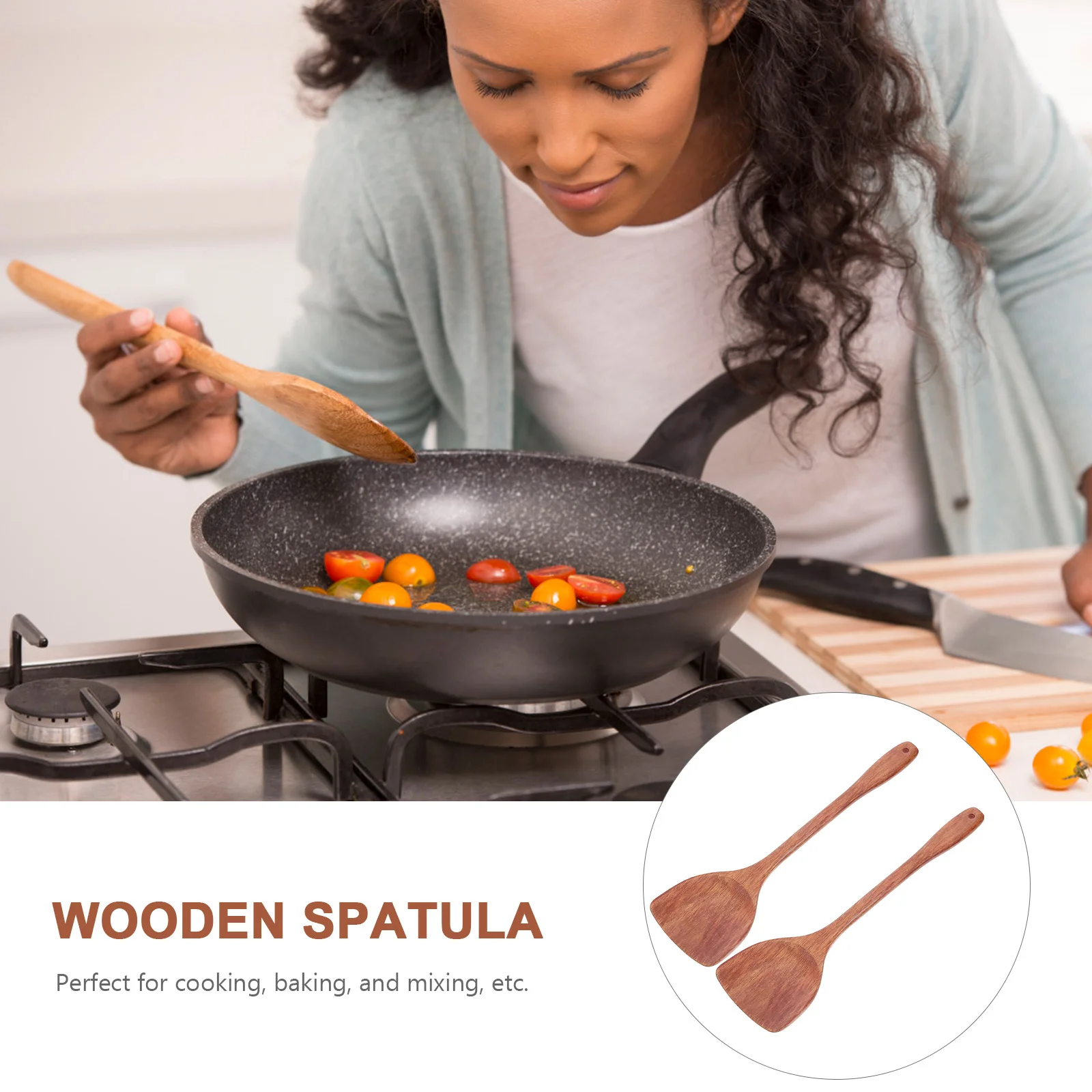 

2pcs Kitchen Wooden Spatula Set Long Handle Heat Resistant Cooking Utensil Smooth Edges Food Grade Safe Material Wall Hanging