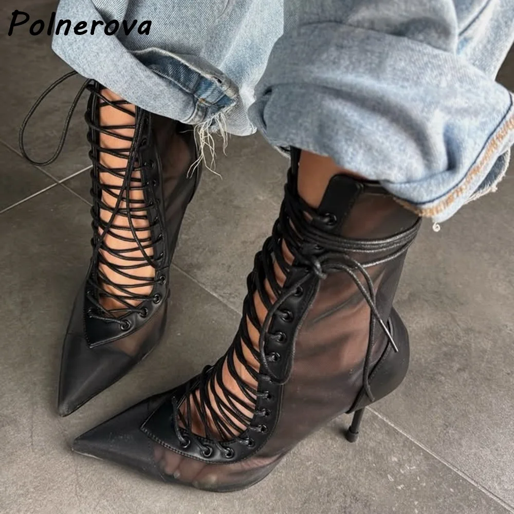 

Black Air Mesh Sandals Boots Hollow Cross Tied Lace Up Thin Heels Pointy Toes Solid Shoes Women's All Match Stiletto Shoes