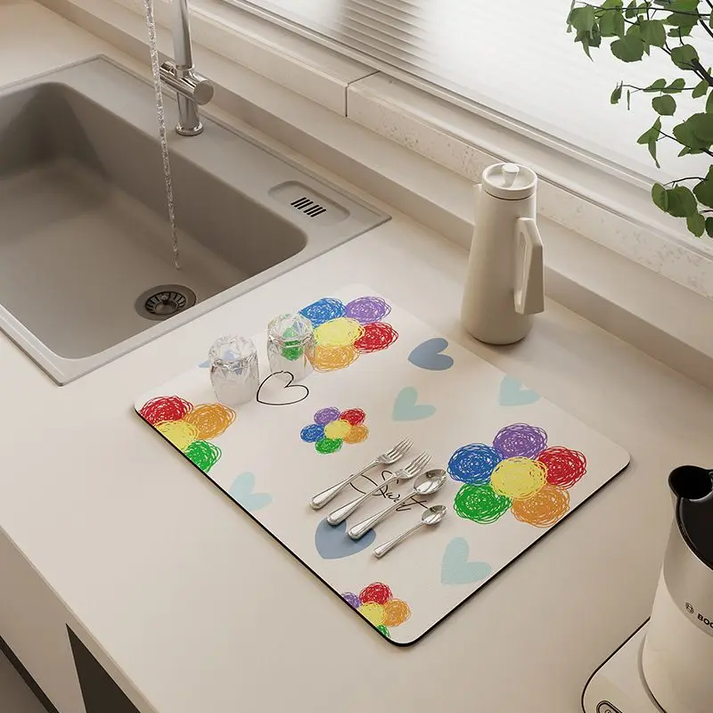 VIKAMA Graffiti Rainbow Flowers Love Kitchen Drain Pad, Anti-Slip Coffee Machine Tableware, Protective Pad