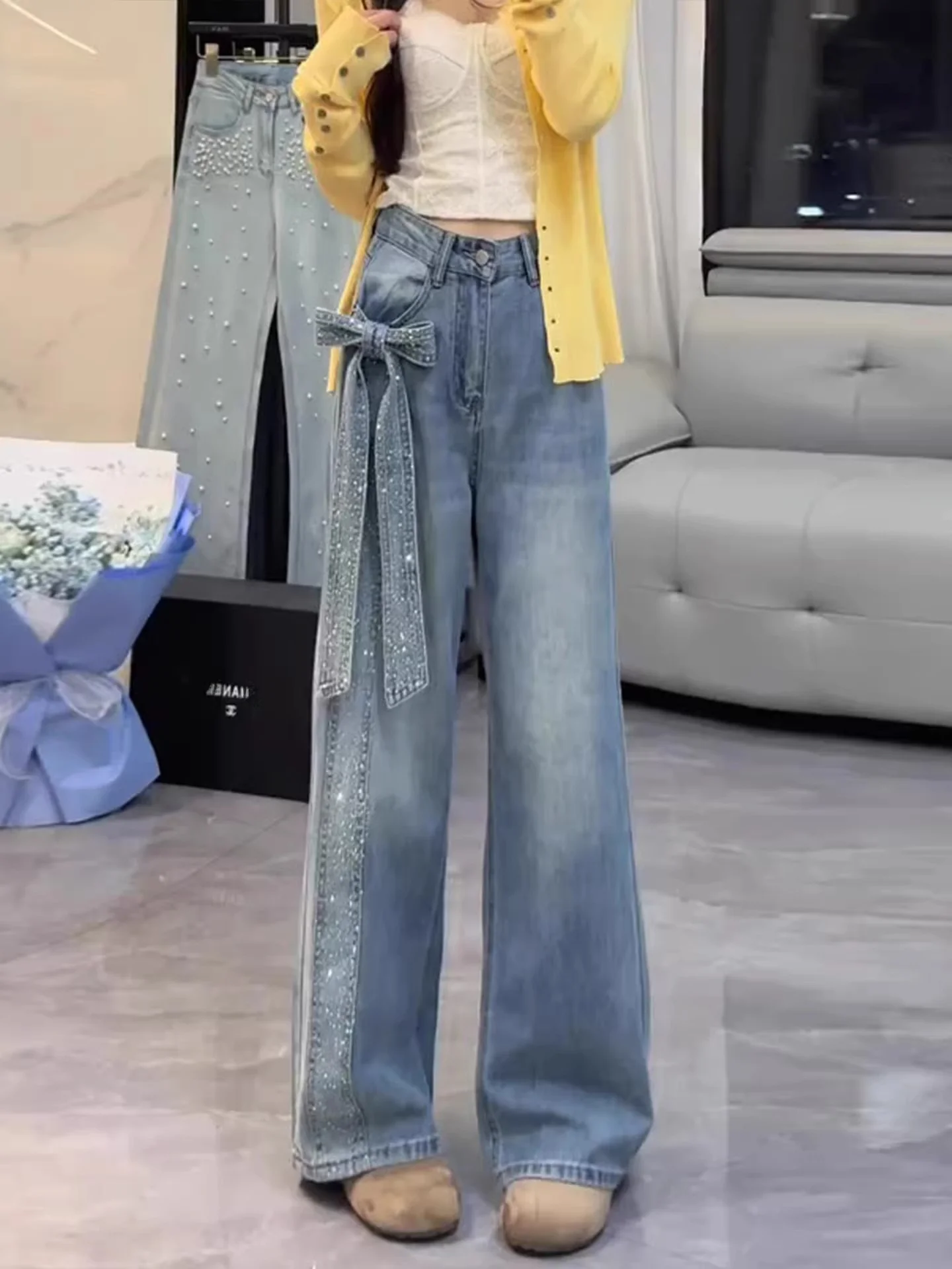 

Blue Rhinestone Knot Wide Leg Jeans Women's High Waist Slim Straight Cut Spring Design High Waist Denim Pants