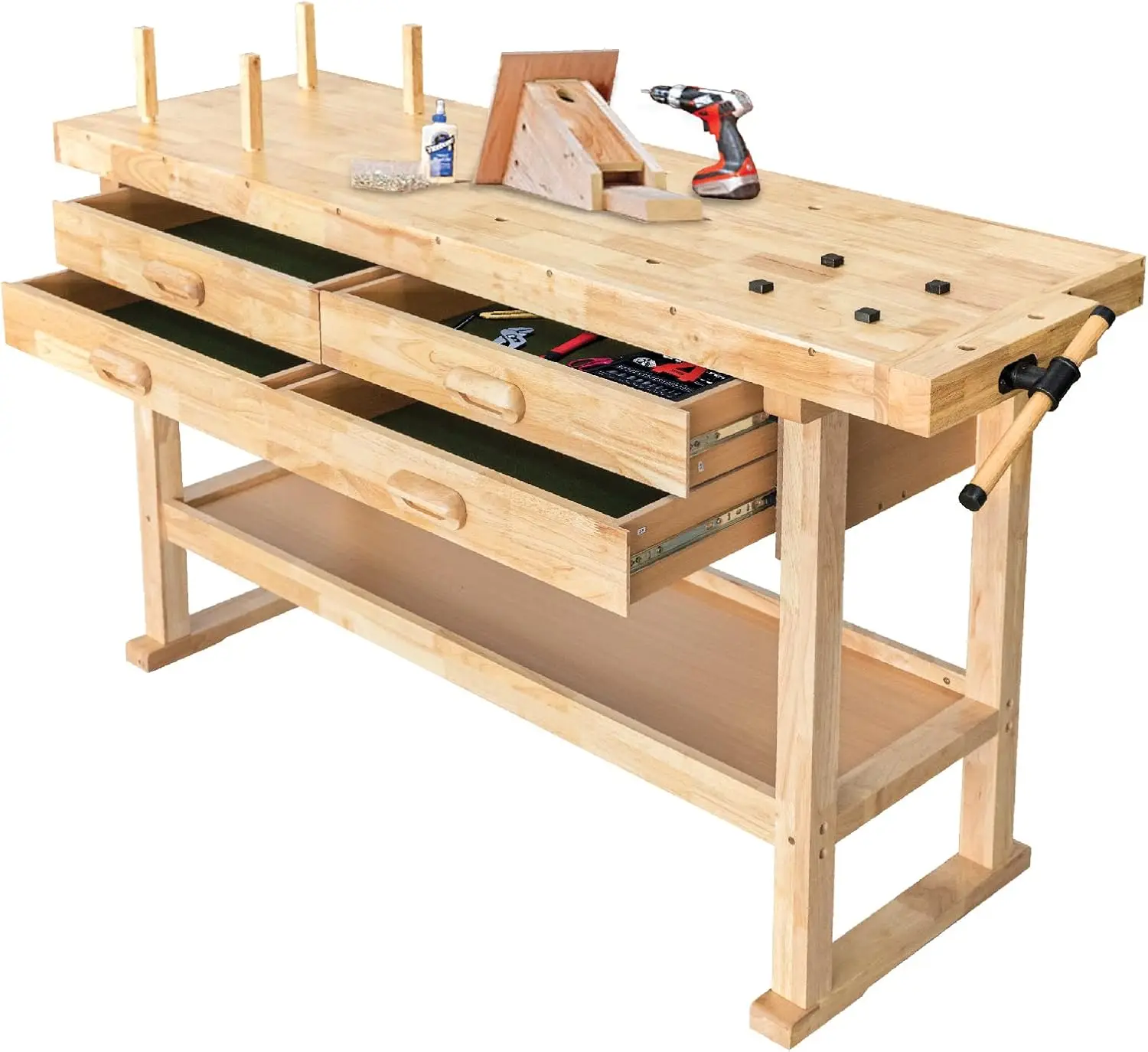 60-Inch Wooden Workbench - Rubberwood Workbench with 4-Drawer, 450lbs Weight Capacity - Perfect Workbench