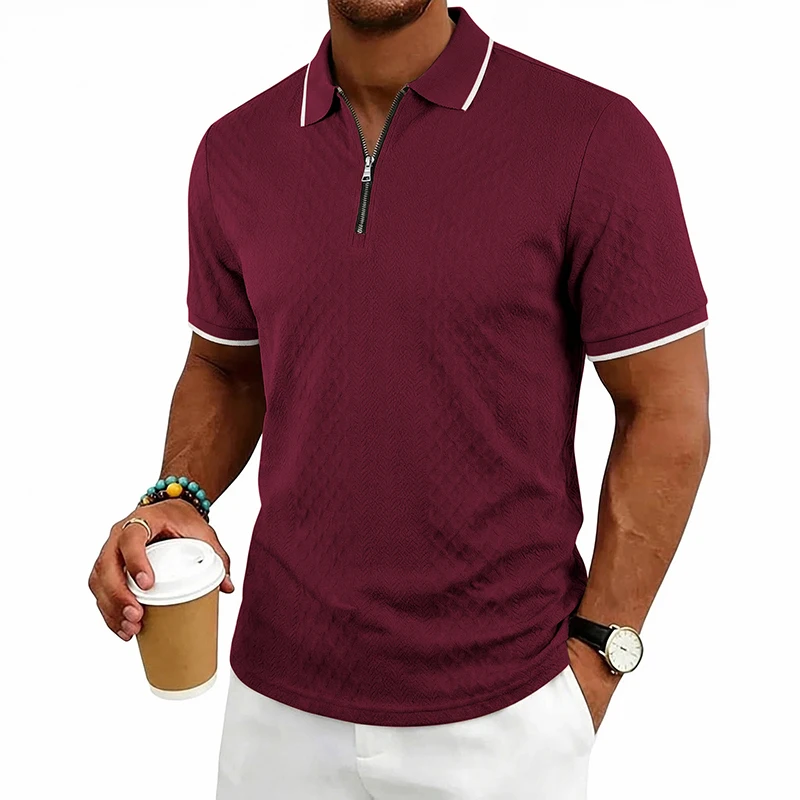 Sommer Herren Casual Business Kurzarm 9-Farben Jacquard 1/4 Reißverschluss Poloshirt | Strukturiertes Polo-Top mit Reißverschluss und kurzen Ärmeln – Detail 20