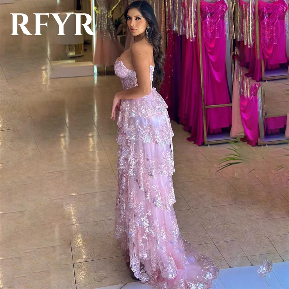 RFYR Pink A-line Evening Dress Sweetheart Corset Vestidos De Noche Tiered Tulle Prom Dress with Pleat Appliques Long Party Dress