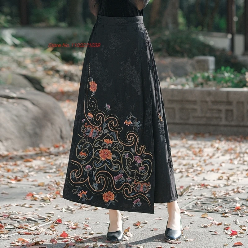 2025 chinese vintage skirt national flower embroidered satin jacquard skirt oriental traditional folk a-line skirt streetwear