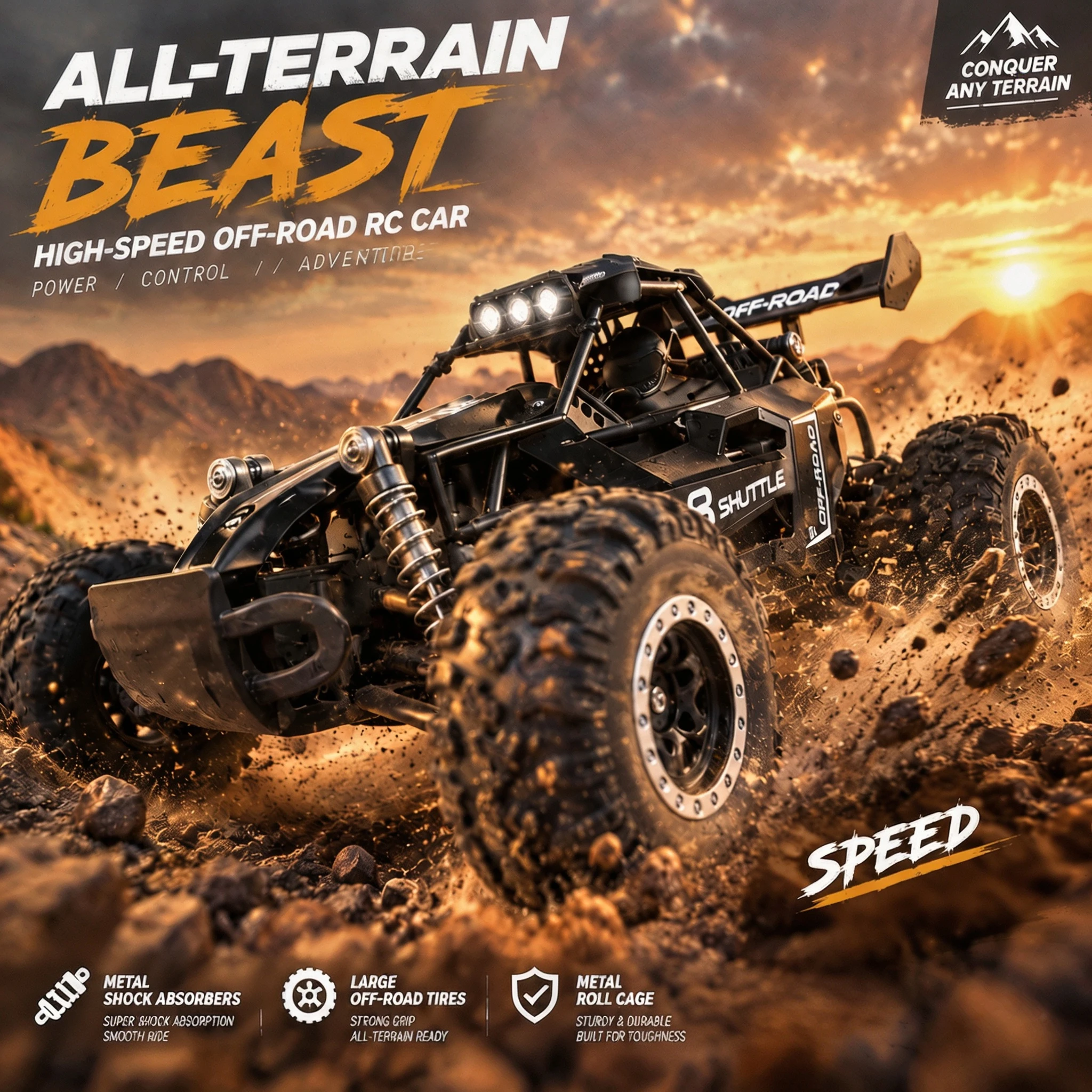 Remote control off-road vehicle 1/16 alloy shell with LED lights, shock absorption system all terrain tires, remote control toy