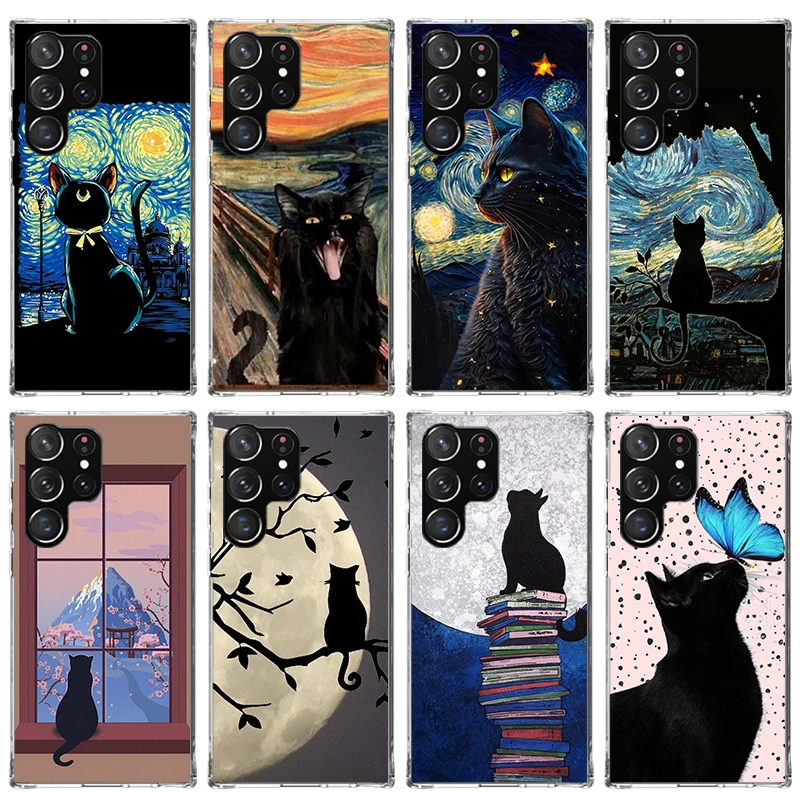 Black Cat Cartoon Cute Phone Case For Samsung Galaxy S23 S24 Ultra S22 + S21 Plus S20 FE Cover S10E S10 S9 S8 Silicone Print