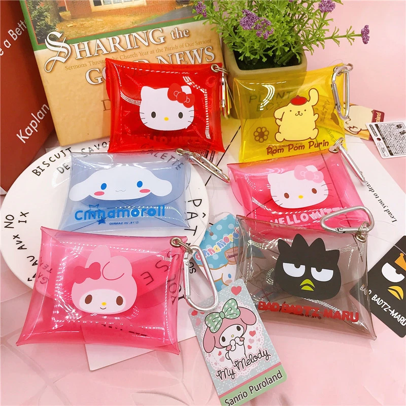 Porte-monnaie transparent en PVC mignon Sanrios, Hello Kitty, Kuromi, Cinnamoroll Melody, sacs de rangement pour clés