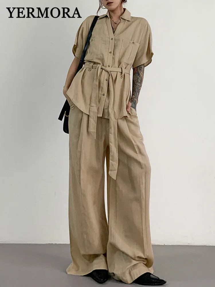 

YERMORA Women Two Pieces Set Khaki Belted Casual Blouse Lapel Short Sleeve Loose New Pants Fashion Tide Spring Summer 2025