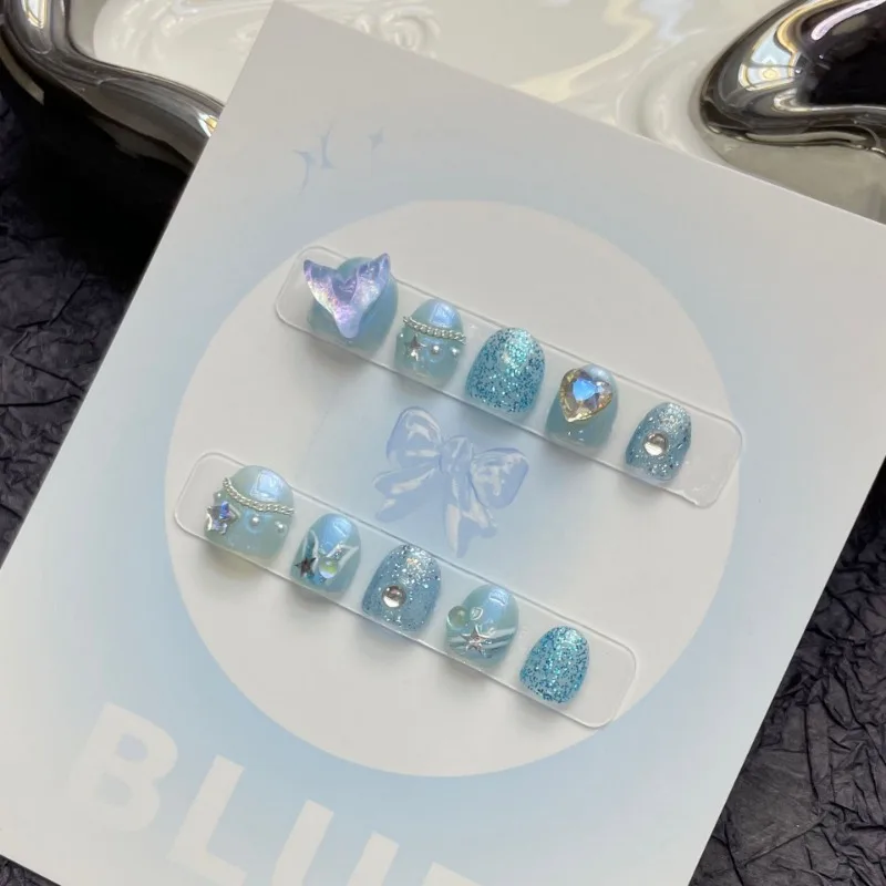 Kids Mermaid Diamond Cute Short Nails Press on Handmade 10 Pcs Kawaii High Quality Hand Made Charms Fake Nail with Box and Tools