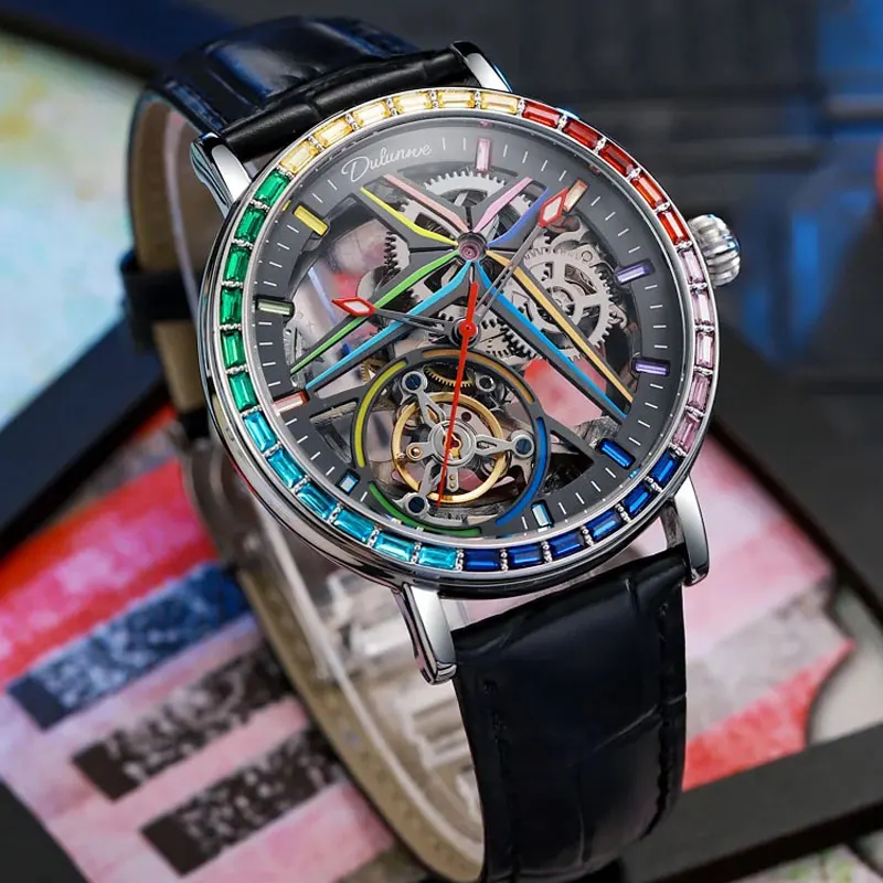 DULUNWE New Men's Top Brand Watch 3ATM All Steel Waterproof Automatic Mechanical Skeleton Design Tourbillon Luminous Men's Watch