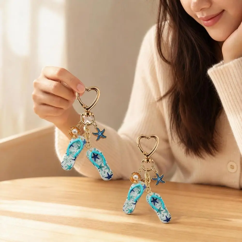 Acrylic Flip Flop Starfish Keychain Anti-fade Portable Summer Beach Pearl Keyring Heart Clasp Funny Ocean Shell Bag Charm