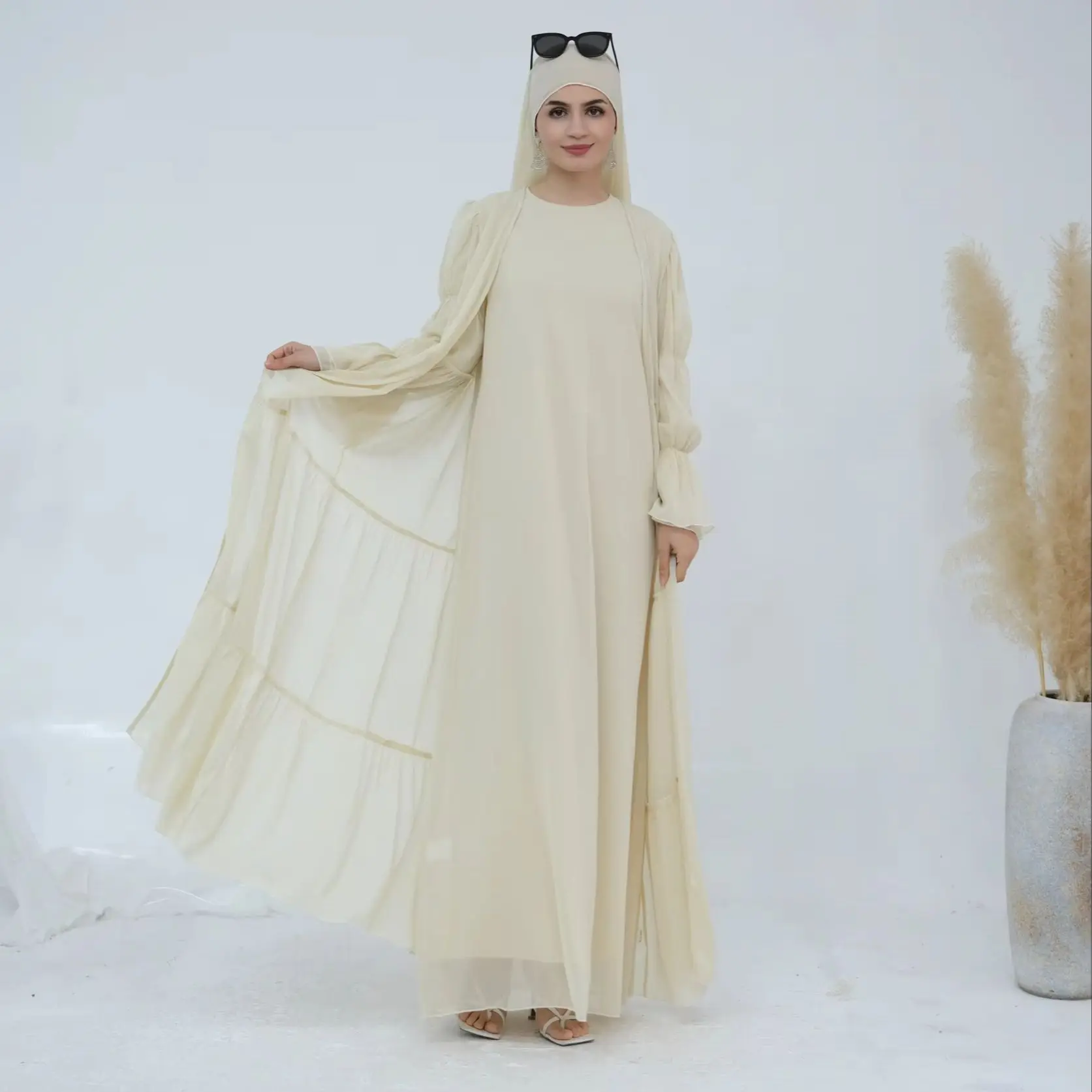 Sweet Hijabi Suit Chiffon Abaya Dress Set-Long Sleeves Lined Dress, Sheer Tiered Open Abaya, Ramadan Eid Party Muslim Women Sets