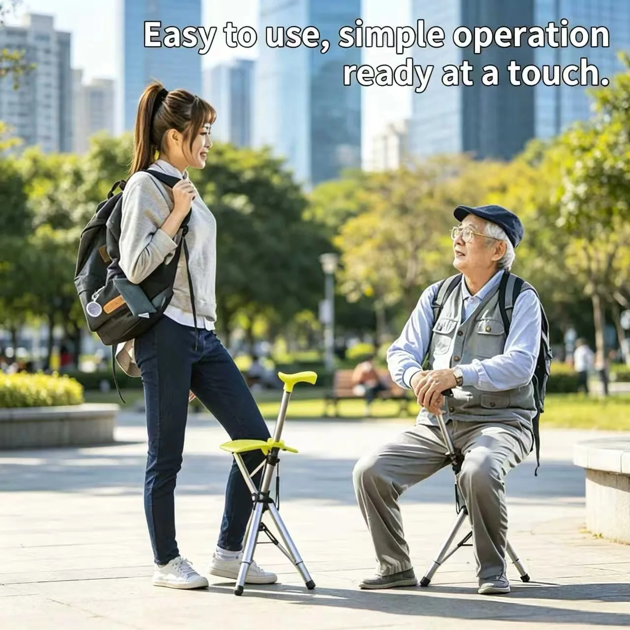 Aluminum Alloy Walking Stick with Foldable Seat, 85 cm