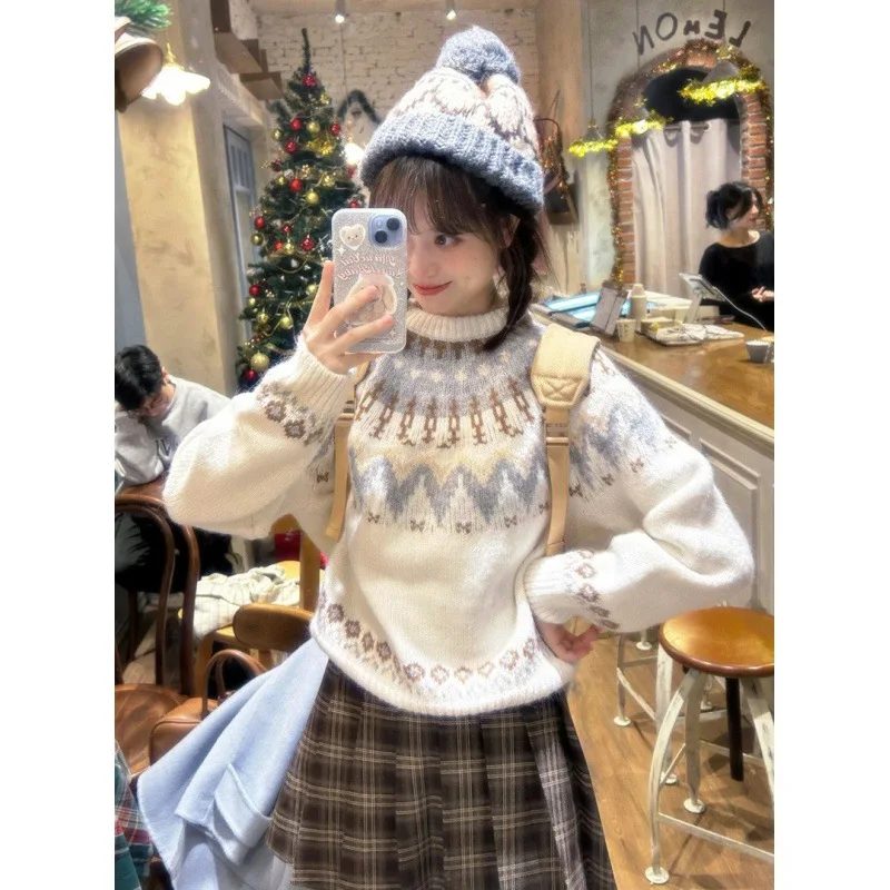 

Свитер с крючком Flower Island, вязаный женский свитер с круглым вырезом и длинными рукавами, мягкий трикотаж, топ для девочек, пуловер в консервативном стиле, осень-зима