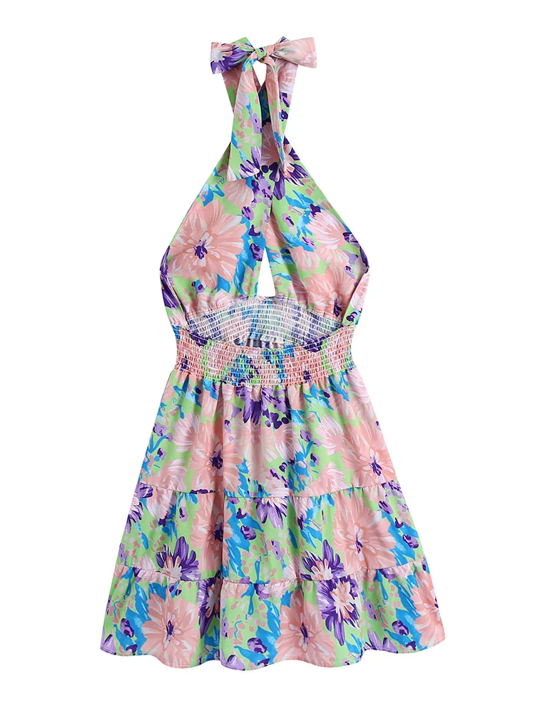 Vestido de playa de verano de vacaciones para mujer, vestido corto con estampado floral en capas y cintura elástica, vestido sin mangas con espalda descubierta sexy