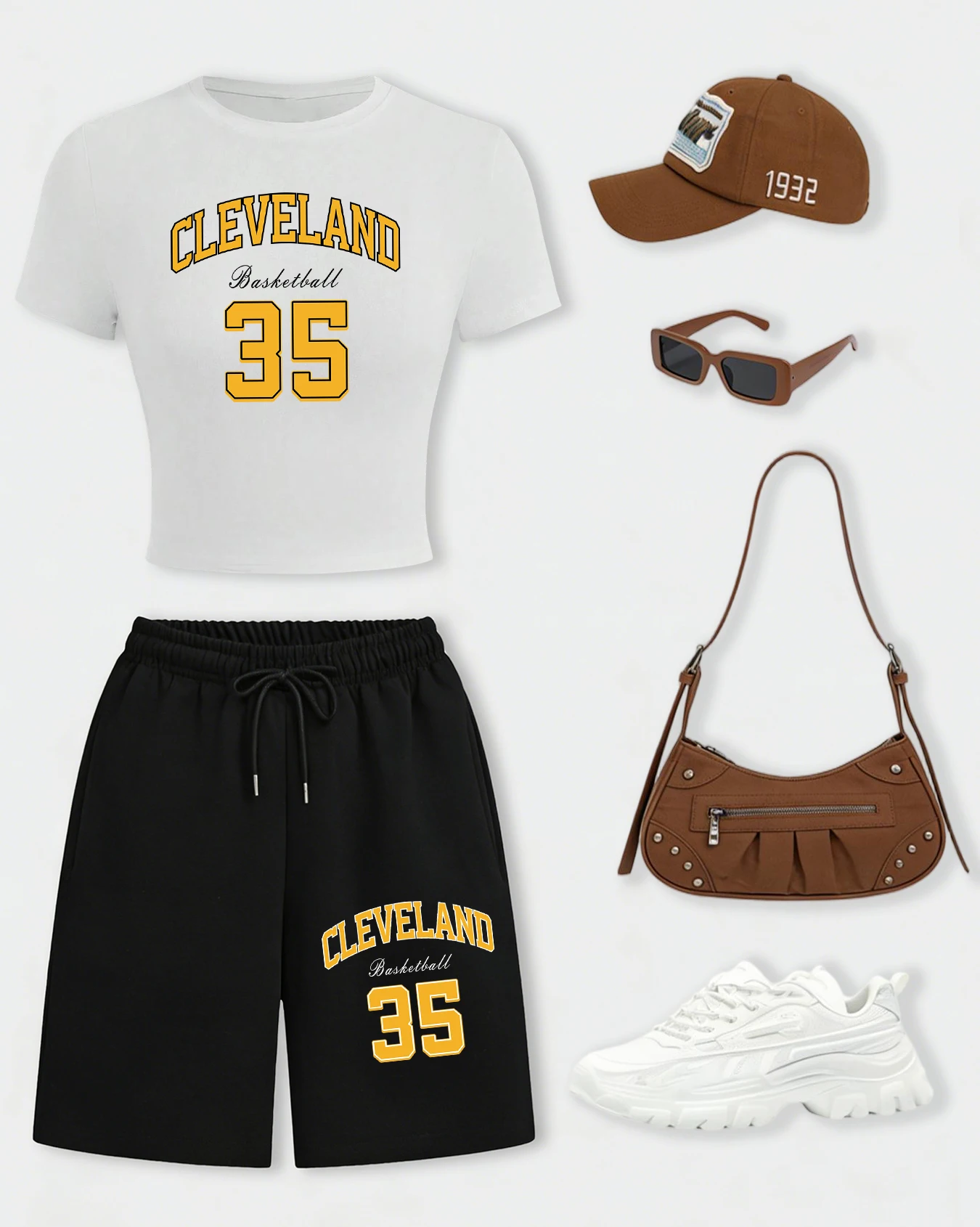 

Комплект: укороченная футболка с принтом Cleveland Basketball 35 и летние широкие шорты Y2K на шнурке из хлопка для фитнеса