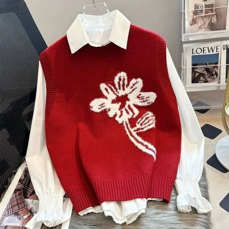 Spring Autumn Women Trendy Flower Jacquard Simple Knitted Sweater Vest Female Vintage O Neck Sleeveless Loose Pullover Waistcoat