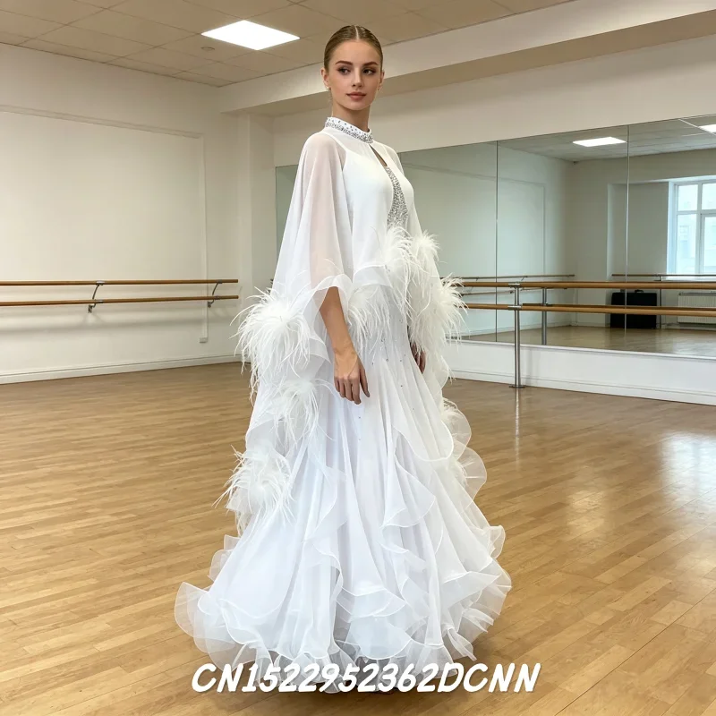 White Ballroom Dance Dress Standard Modern Dance Costume for Competition Elegant Ballroom Dress for Women