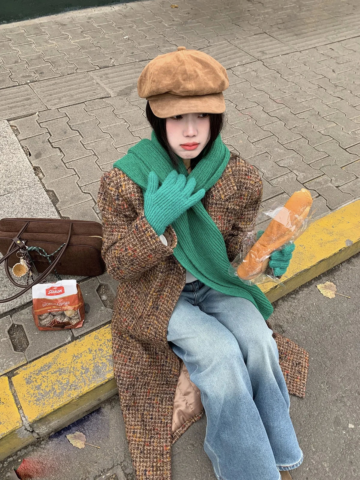 

Joeyoo New Design Coarse Tweed Plaid Woolen Coat Women's Long Autumn Winter Korean Sle Coffee Color Tweed Coat