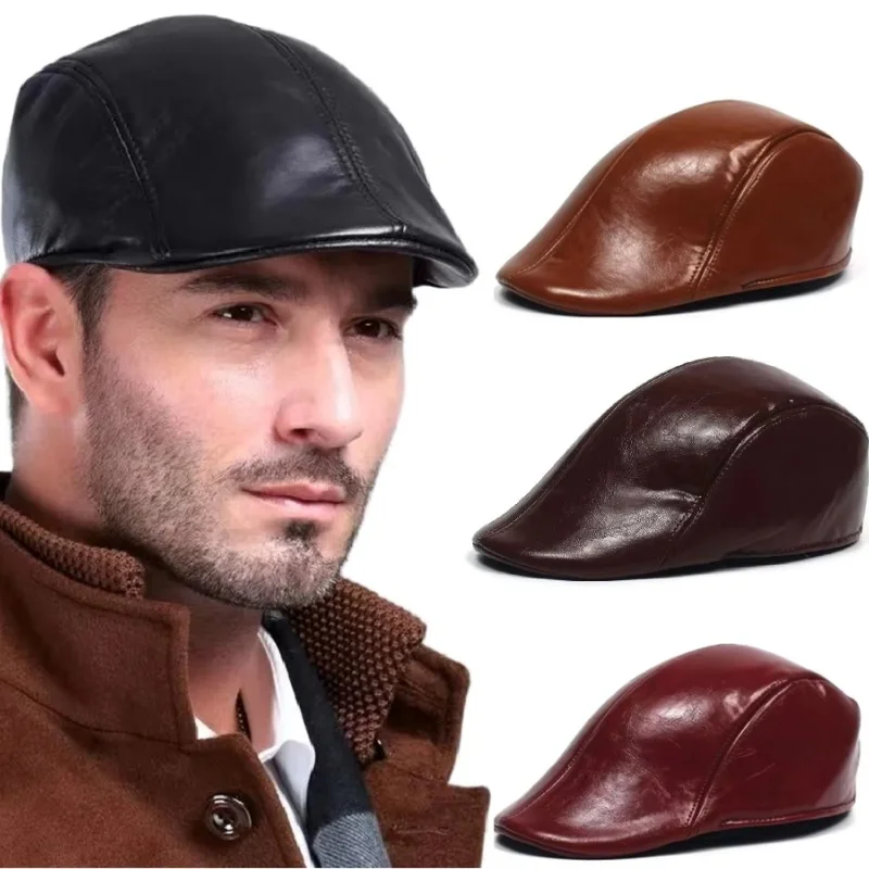 British Style Berets Visor Fall Winter Pu Flat Top Hat Retro Black Painter Hat Classic Versatile Adjustable Beret Casual Sun Hat