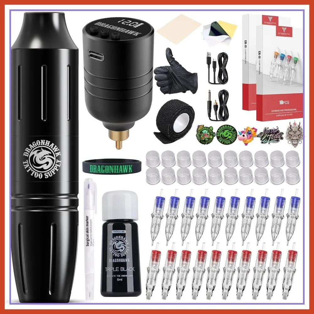 

Wireless Tattoo Pen Kit - Rotary Tattoo Gun with 1300mAh Battery, 20Pcs Cartridge Needles, Complete Kit for Beginners