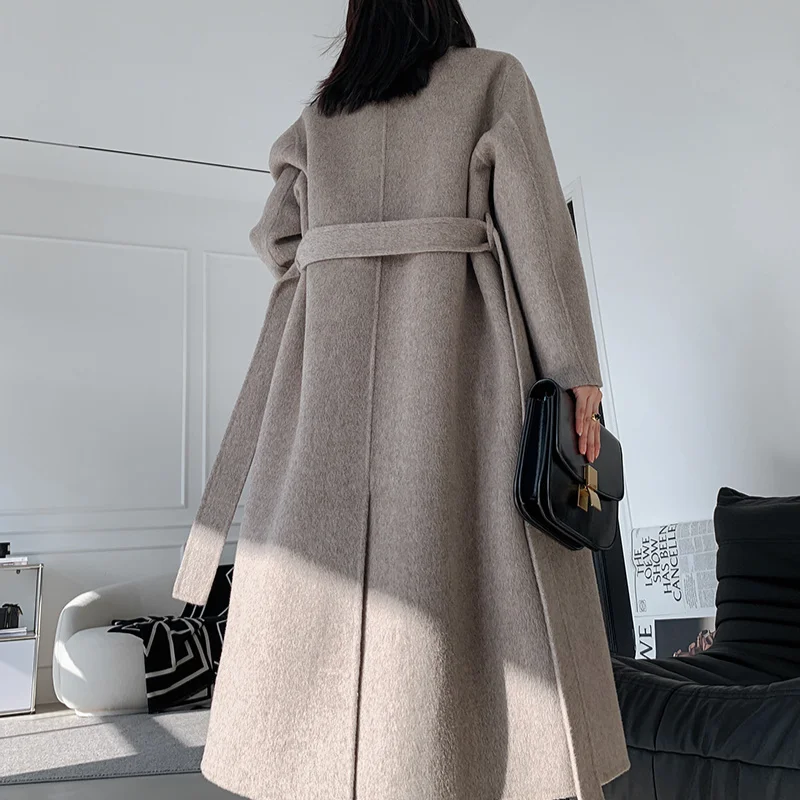 Winter long double tweed Women Jacket Scarf Collar Single Breasted with Belt Woollen Coats Blends British Overcoat chic Elegant