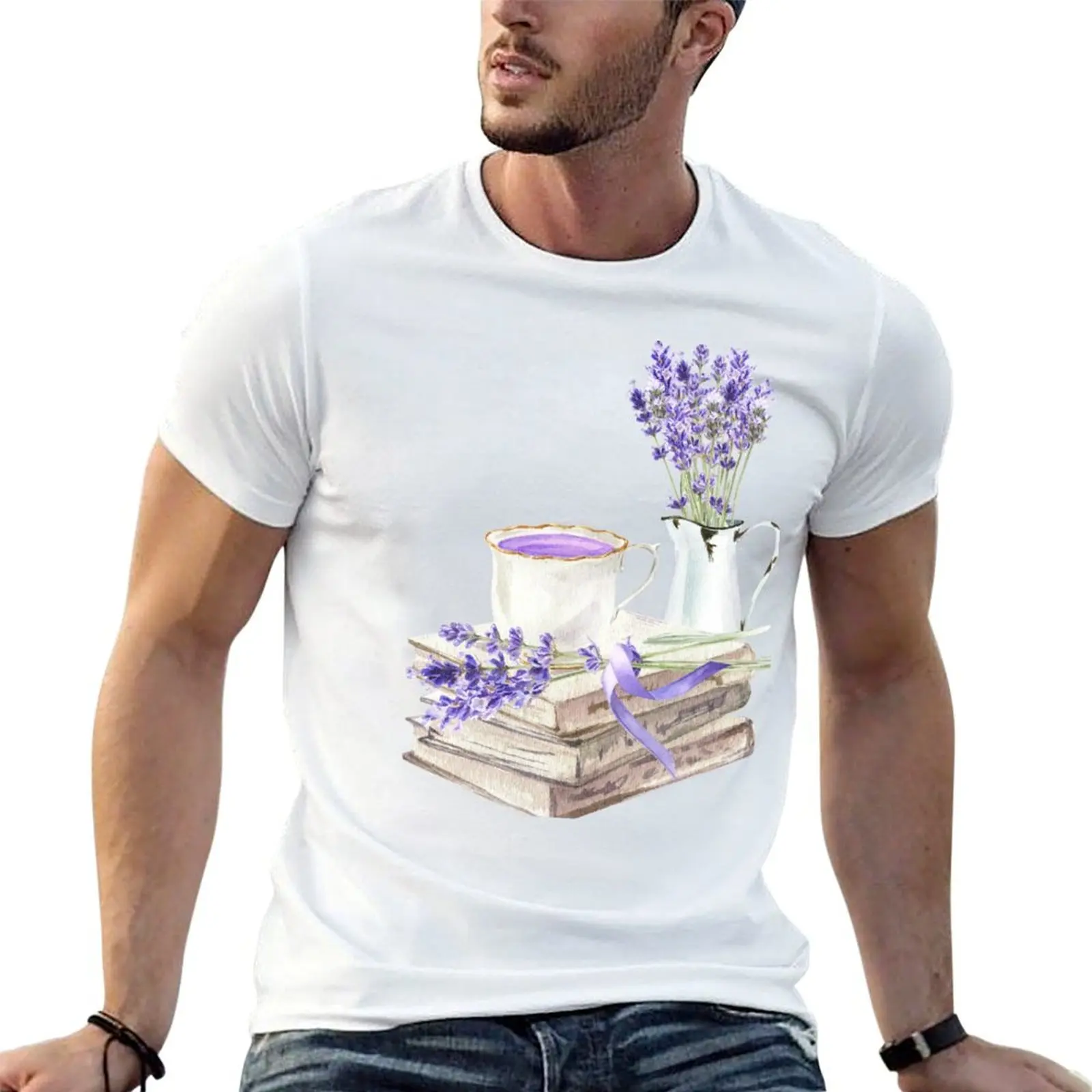 Book and Lavender with Cup of Coffee or Tea T-Shirt t shirts designer cotton t shirt man T-Shirt