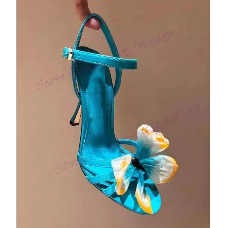 Blue Flower Decor Ankle Buckle Sandals Open Toe Shoes for Women Stilettos High Heels Evening Shoes 2024 Zapatos Para Mujere