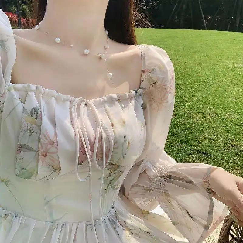 Spring Summer New Stunning Long Sleeve Chiffon Dress Fairy Super Fairy Forest Style Gentle Tea Break French First Love Dress