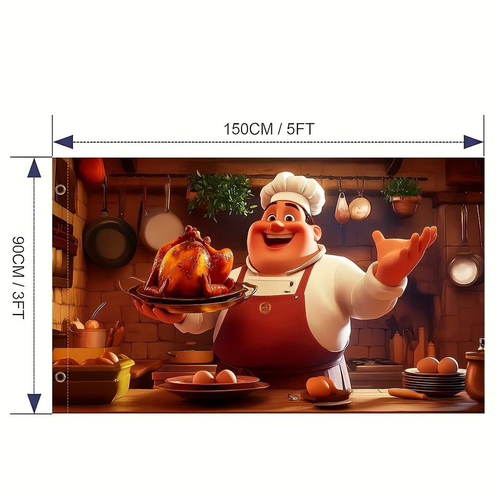 Cartoon Chef Presenting Roast Chicken Flag Premium Polyester Kitchen Decor Outdoor Garden Banner