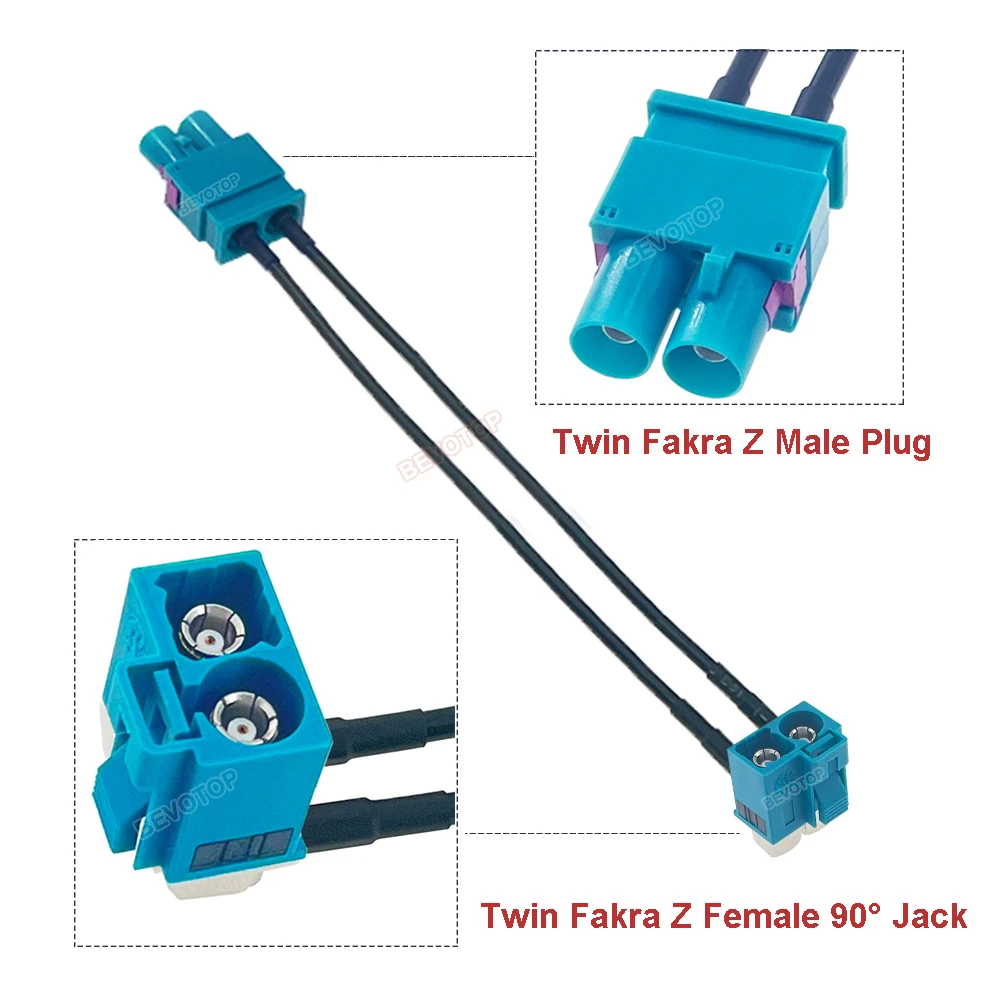 BEVOTOP Dual Twin Fakra Z Male to Female 90° Right Angle Jack RG174 Cable Fakra II Splitter Radio Antenna Adapter Pigtail Jumper