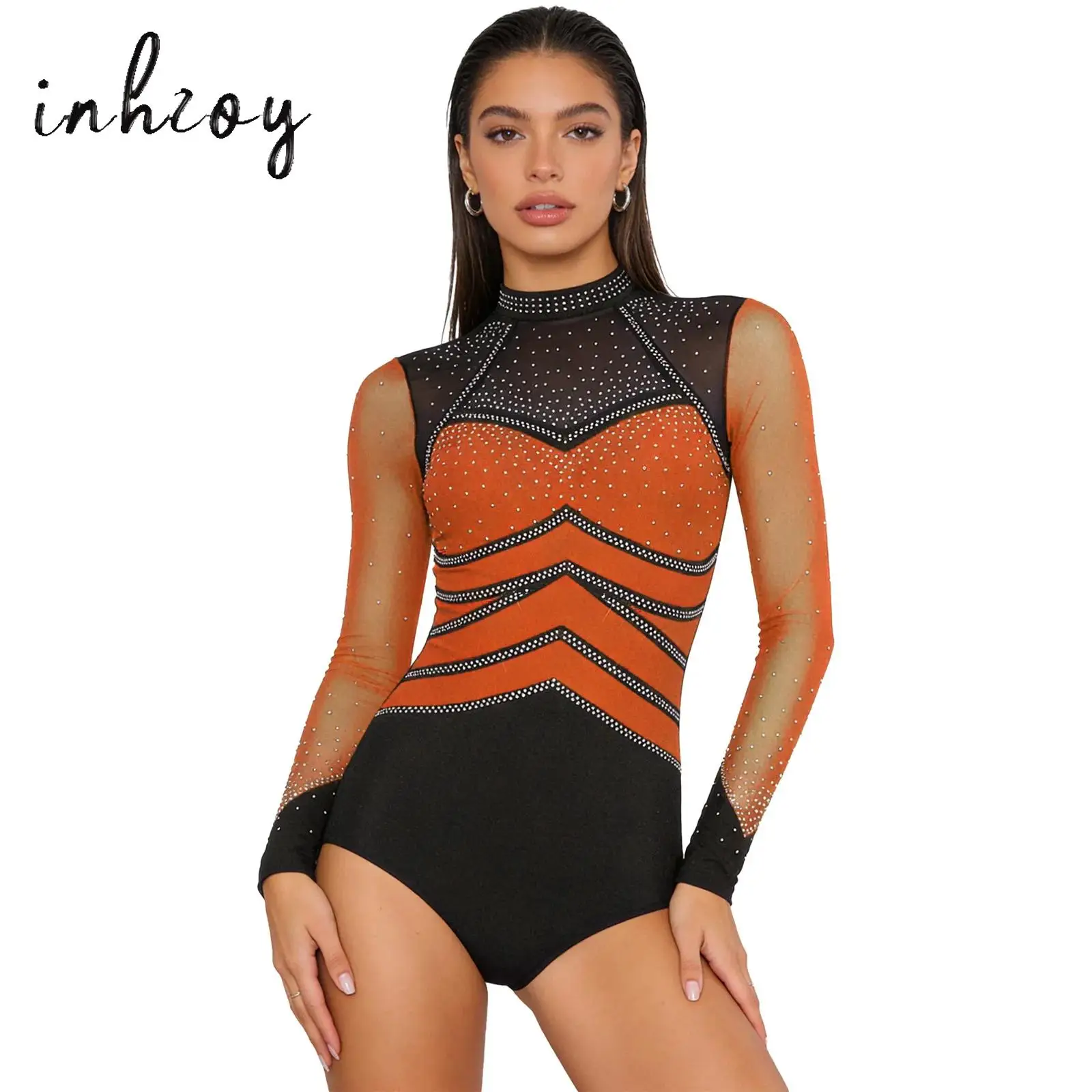

Womens Gymnastics Artistic Figure Skating Ballet Dance Leotards Color Blocking Rhinestones Sleeveless Bodysuit Jumpsuit Costume