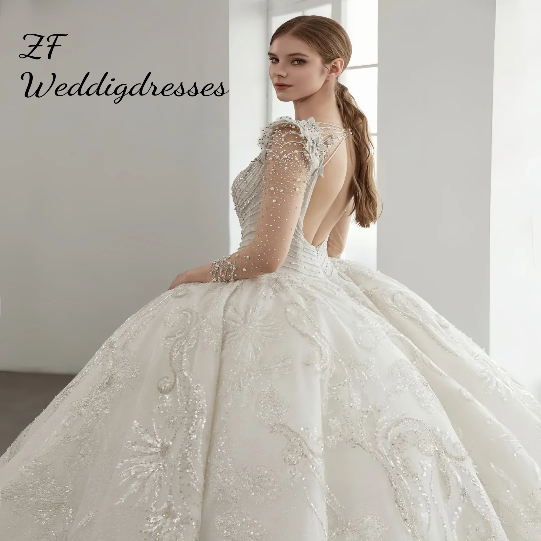 Maßgeschneidertes, langärmliges Ballkleid mit V-Ausschnitt und Perlen, luxuriöses Hochzeitskleid, Vestidos de Novia