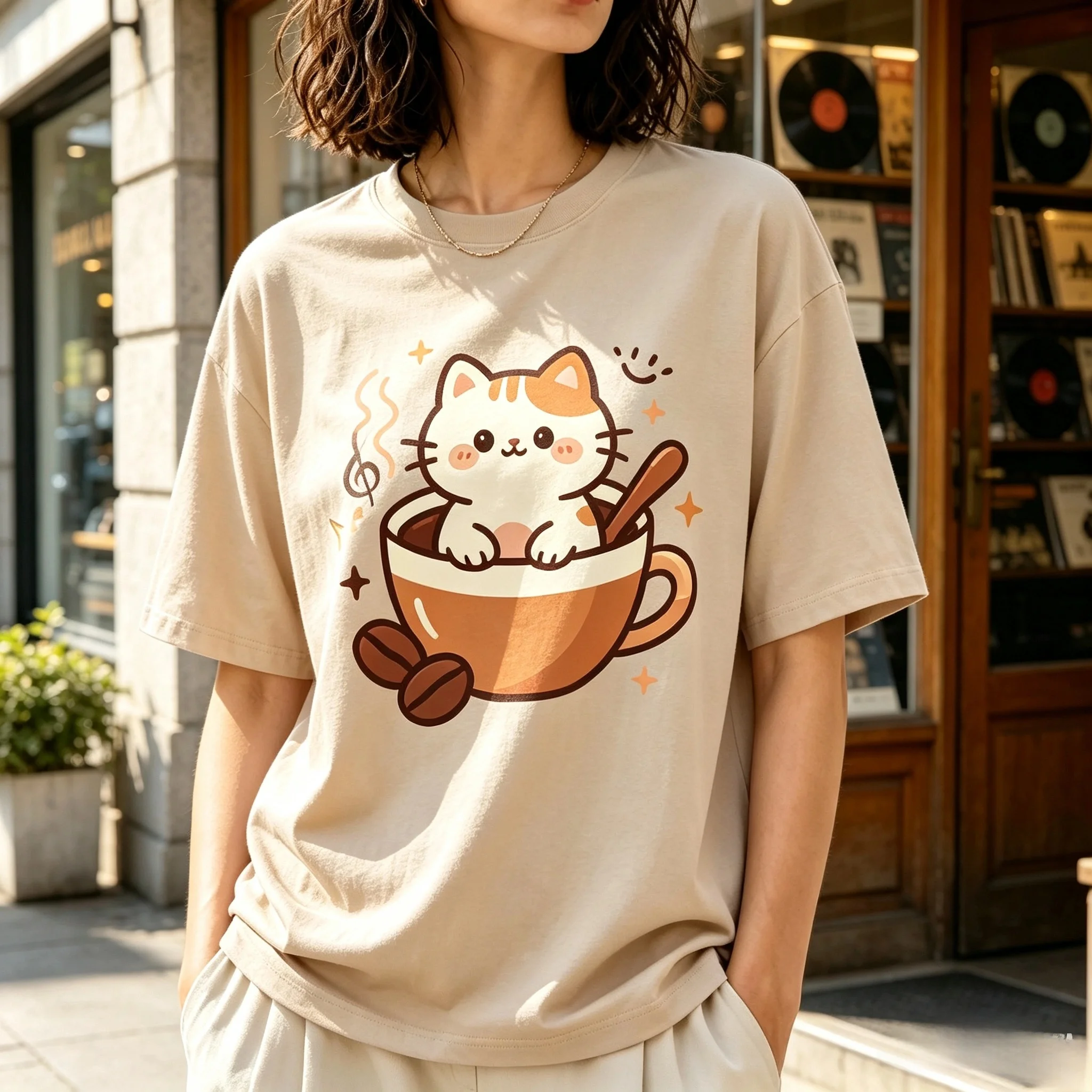 Cute Cat In Coffee Cup Graphic T-Shirt Kawaii Kitten Coffee Bean Simple Cartoon Short Sleeve Tee