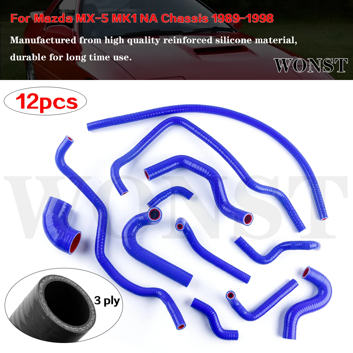 

12pcs Blue For 1989-1998 Mazda MX-5 MX5 NA Miata Chassis MK1 1.6 Engines Silicone Ancillary Coolant & Breather Hoses Kit