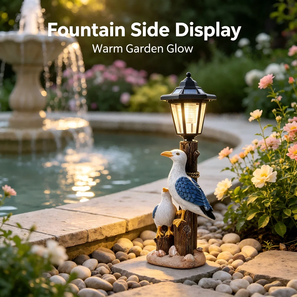 Garden Outdoor Solar Decor Pelican Seagull Hexagonal Resin Statue for Courtyard Patio Decoration with Auto On Off