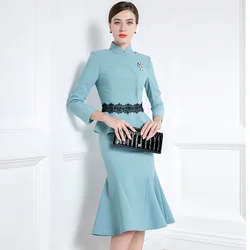 High End Cheongsam Celebrity Temperament Suit Autumn And Winter New Women'S Fashion Fishtail Skirt Two Piece Set