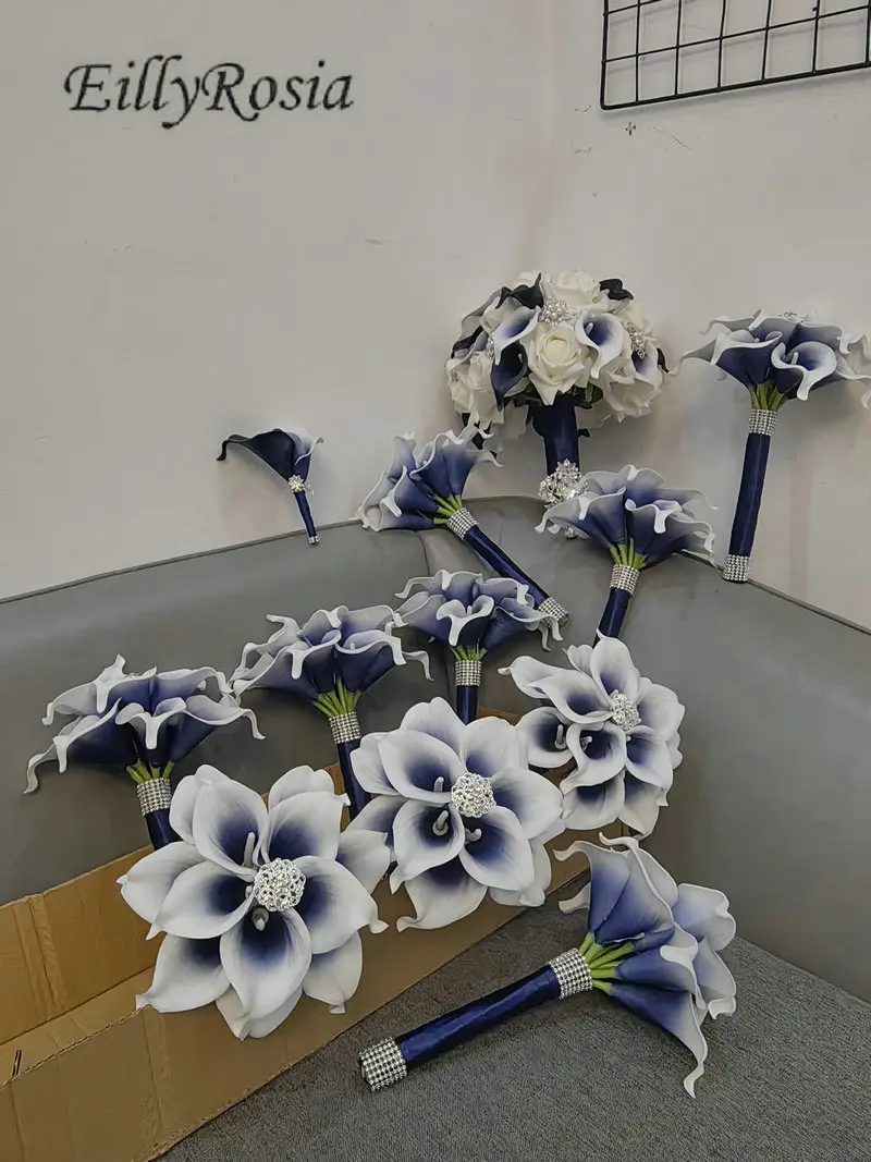 EillyRosia الأزرق الداكن الصلبة زنبق الكالا باقة الزفاف التصميم الأصلي بروش باقة لوصيفة الشرف عقد الزهور مخصص #3