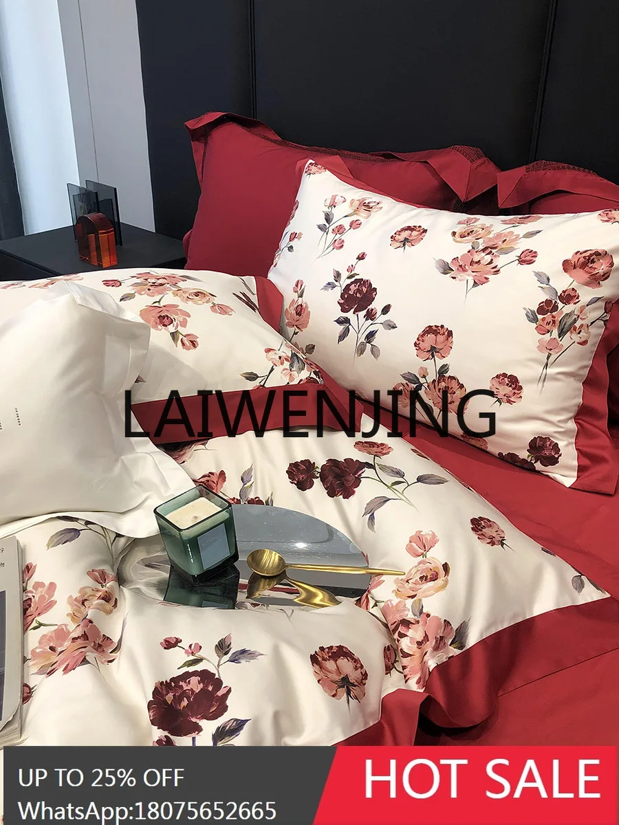 Cotton Four-Piece Set 100 Pure Cotton French High-End Satin Bed Sheet Printed Quilt Cover Wedding Bedding