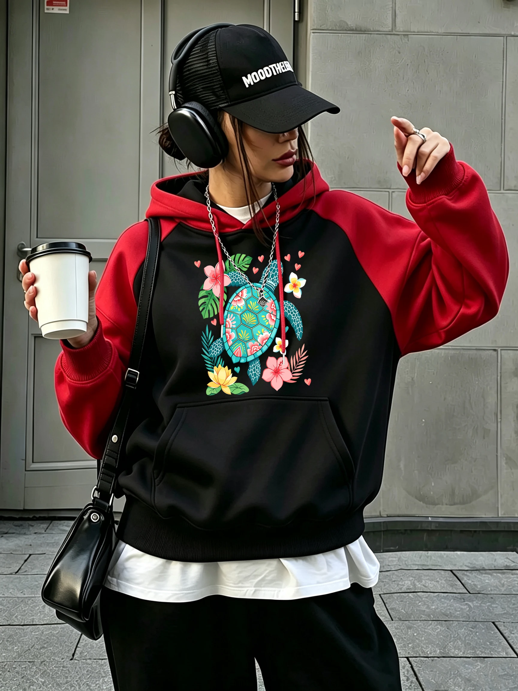 Colorful Sea Turtle Tropical Floral Heart Design Women Raglan Hoody Autumn Fashion Pullover Loose Hoodie Fleece Y2K Streetwear