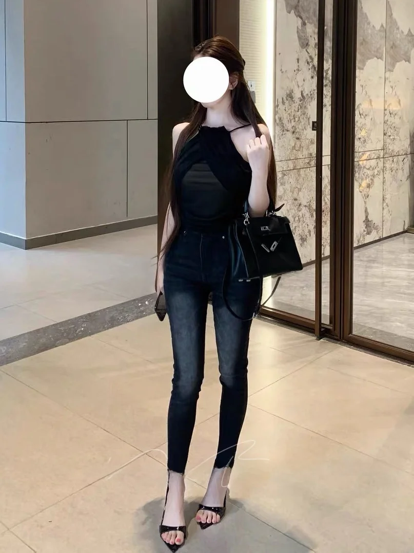 Slim Fit Korean Style mid Waist Jeans  Nine Points Skinny Leg Pants High Elasticity Women's Summer Fashion Jeans