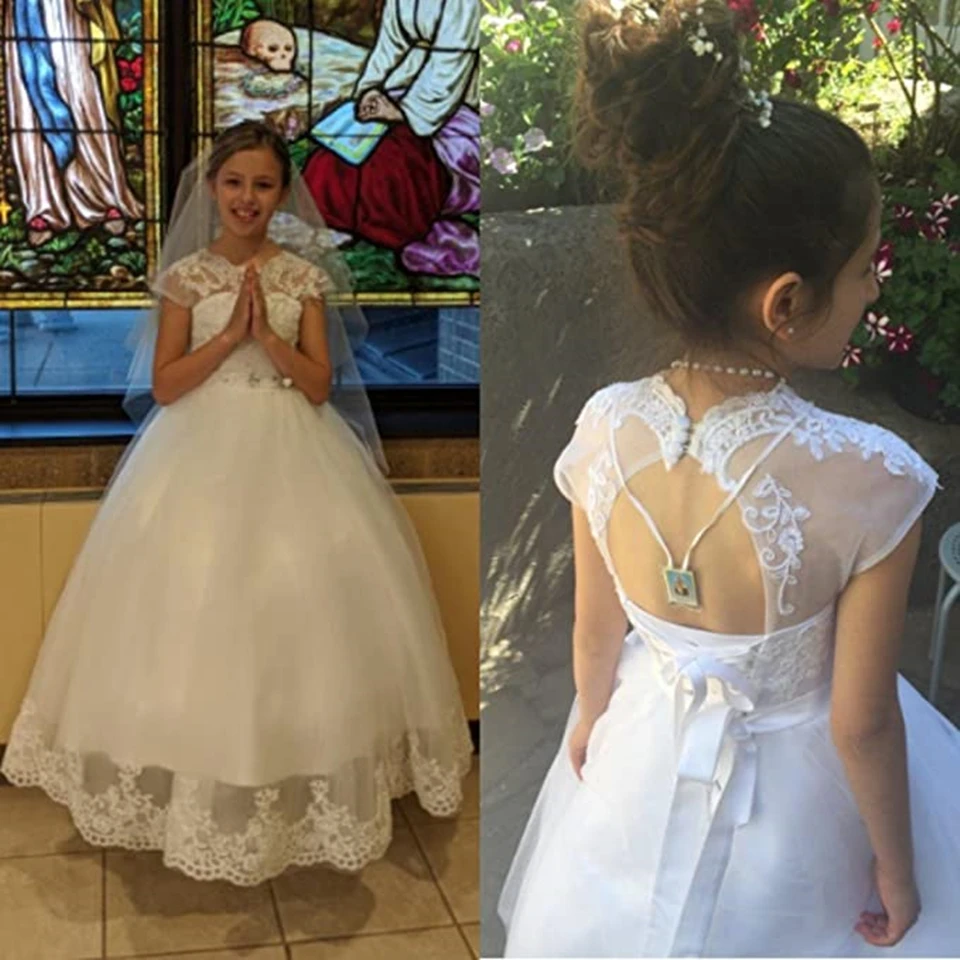 HYGLJL Lace Flower Girl Dress First Communion Baptism Dresses For Girls Robe Floor-Length Appliques Ball Gown with Beading