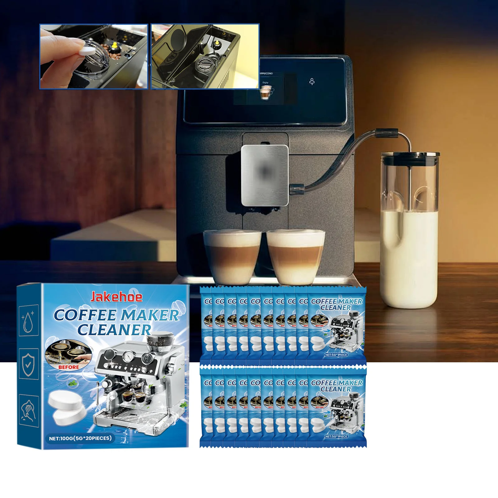 Tableta de limpieza para máquina de café, limpieza profunda, agente de descontaminación y descalcificación eficiente, mantenimiento, tabletas efervescentes limpias