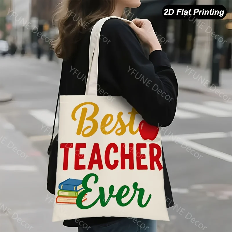 1pc Best Teacher Ever Books Canvas Handbag Storage Bag Reusable Grocery Shopping Bag for Daily Use Shopping Travel Tote Bag