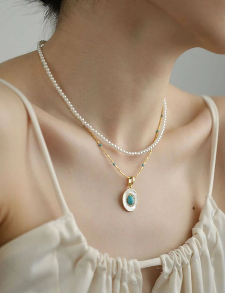Natürliche Türkis Oval Shell Anhänger Gold Farbe Kette Halskette Sexy Schlüsselbein Kette Trendy Schmuck Zubehör Für Frauen 2023 – Detail 3