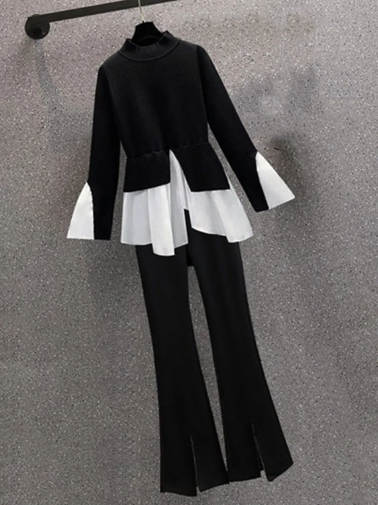 Fat Sister Fashion and Temperament Set Spring New 2024 Large Size Design Feel Spliced Shirt Micro Flared Pants Two Piece Set