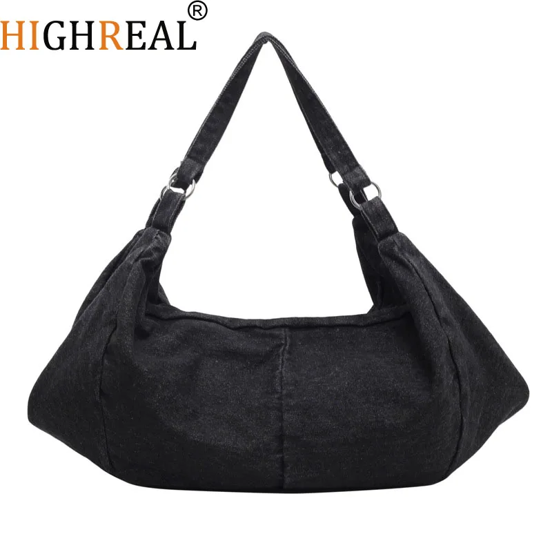 

HIGHREAL Large Denim Bags Women Korea Style Canvas Shoulder Bags Unisex Lazy Style Cloth Packages Pastoral Style Travel Handbags